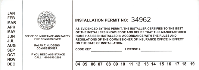 Image of a Manufactured Housing Installation Permit. Includes months down the left side, state seal in the center column and the statement of certification, permit number, license number and code key in the right column. 