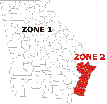 Wind zone map of Georgia. 6 coastal counties are Zone 2; the rest of the state is Zone 1